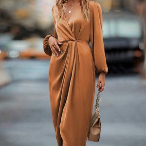 Brand New Lantern Sleeve Twist Front Wrap Hem Satin Dress Burnt Orange